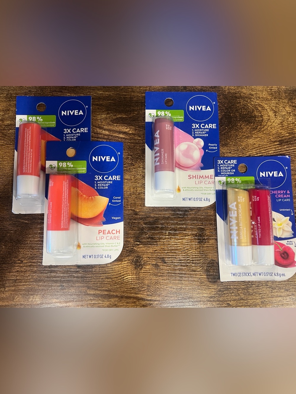 Nivea Lip Care Bundle 4 Pc Sealed Peach Care Cherry Ruby Tinted Shimmer